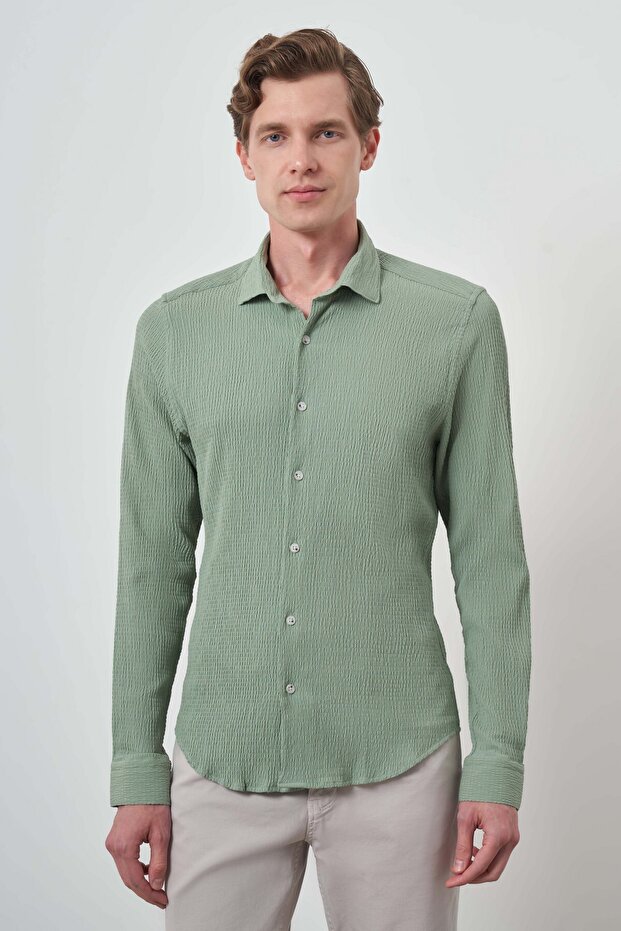 Men's Mint Green Seersucker Trend Patterned Dynamic Fit Italian Collar Shirt