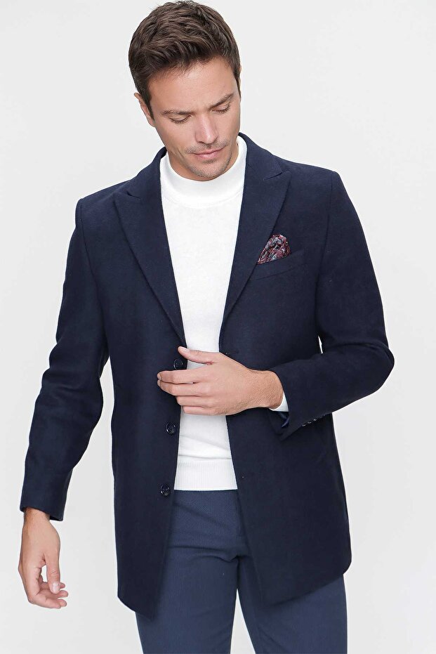 Men's Navy Blue Plain Dynamic Fit Relaxed Cut Pointed Collar Coat