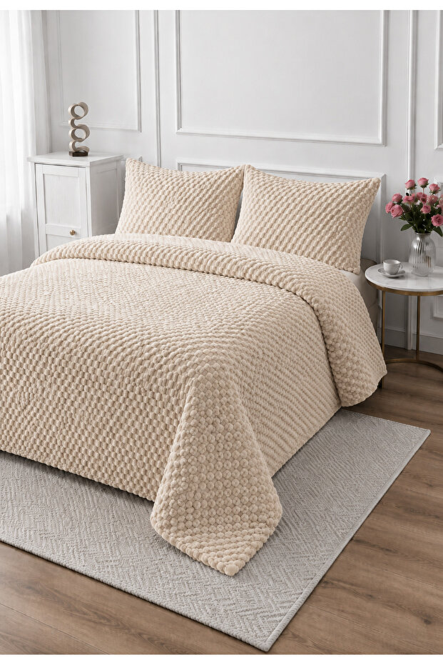 Petek Wellsoft Double Bedspread Set 230X250Cm - Luxury Soft Textured with 2 Pillows - Beige