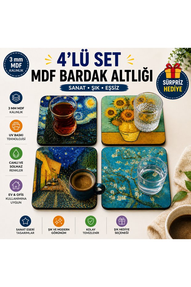 Van Gogh Themed Set of 4 Mdf Coasters | Uv Printed Decorative Square Coffee and Tea Coaster