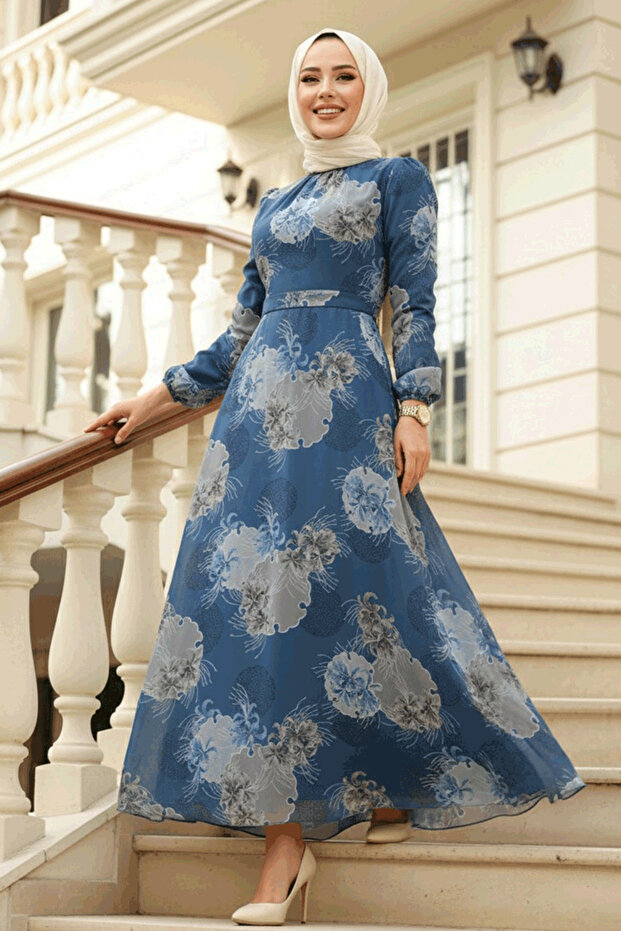 Floral Patterned Indigo Blue Hijab Dress 279323Im