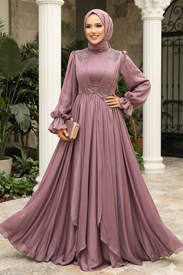 Balloon Sleeve Brown Hijab Evening Dress 21910Kh