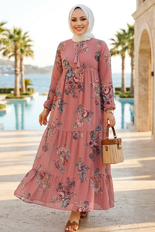 Floral Patterned Dried Rose Hijab Dress 22052GK