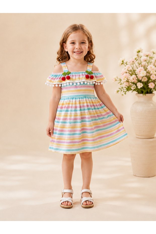 Girl's Cherry Detailed Strappy Ruffle Summer Dress 2-5 Years