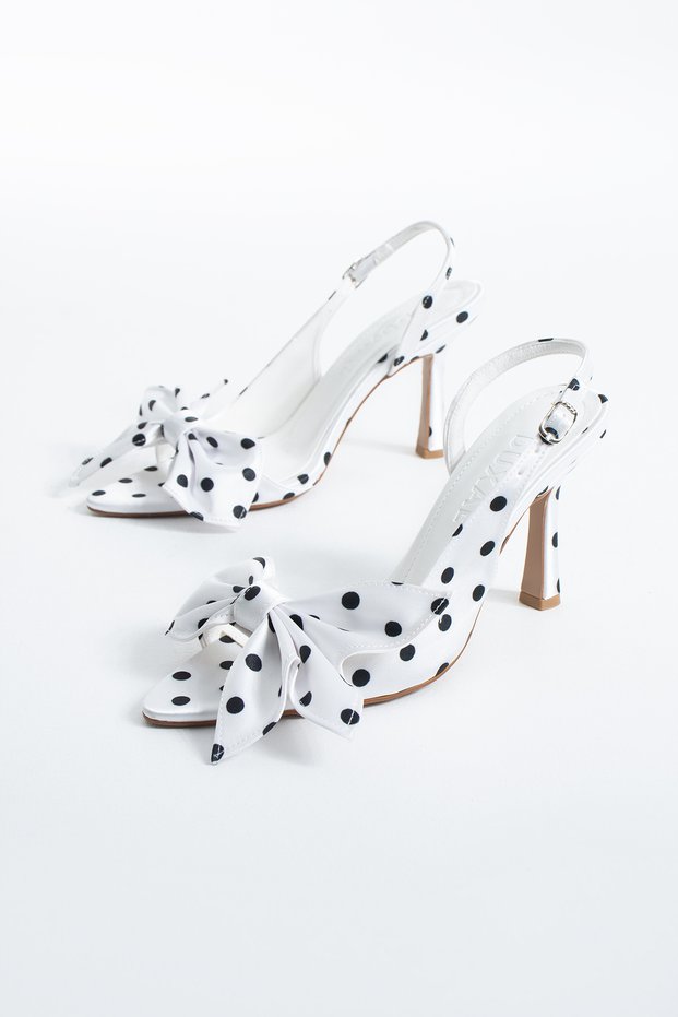 Edith Polka Dot Bow Detailed Pointed Toe Slingback Heeled Shoes
