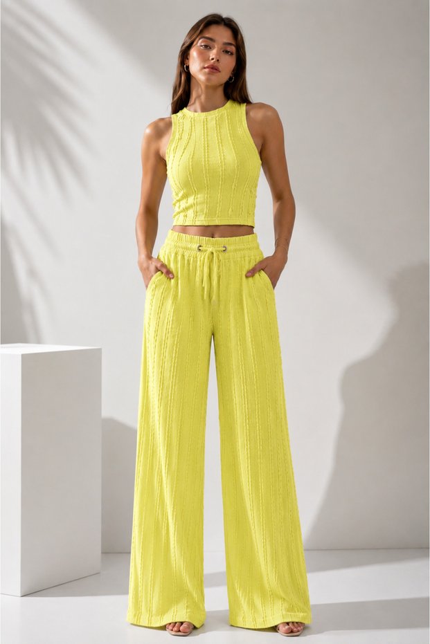 Halter Waffle Fabric Ribbed Double Pocket Top and Bottom Set