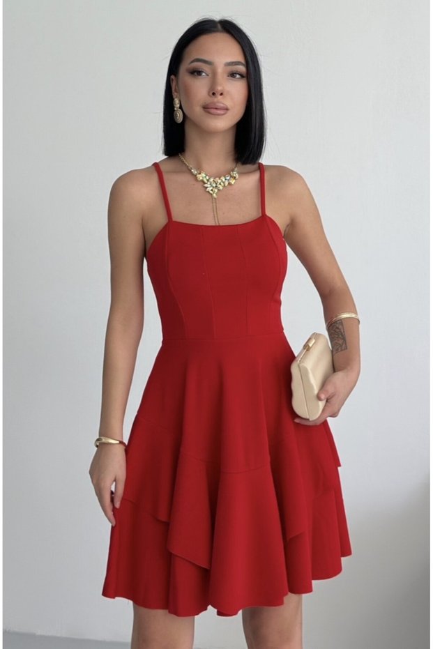 Slim Strap Skirt Fold Detail Evening Dress Red Graduation Dress