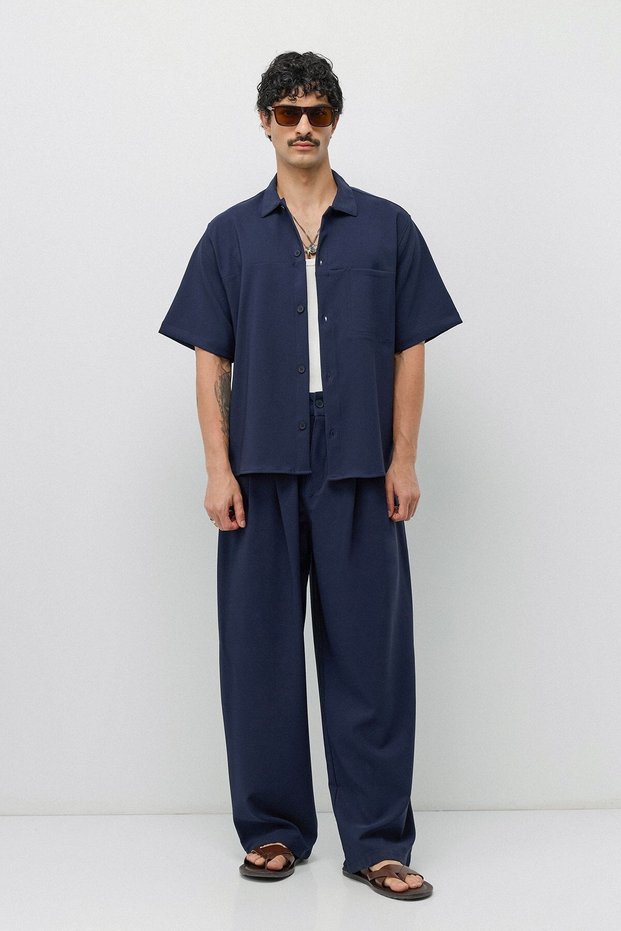 Relaxed Fit Oversize Shirt and Super Baggy Trousers Set Navy Blue