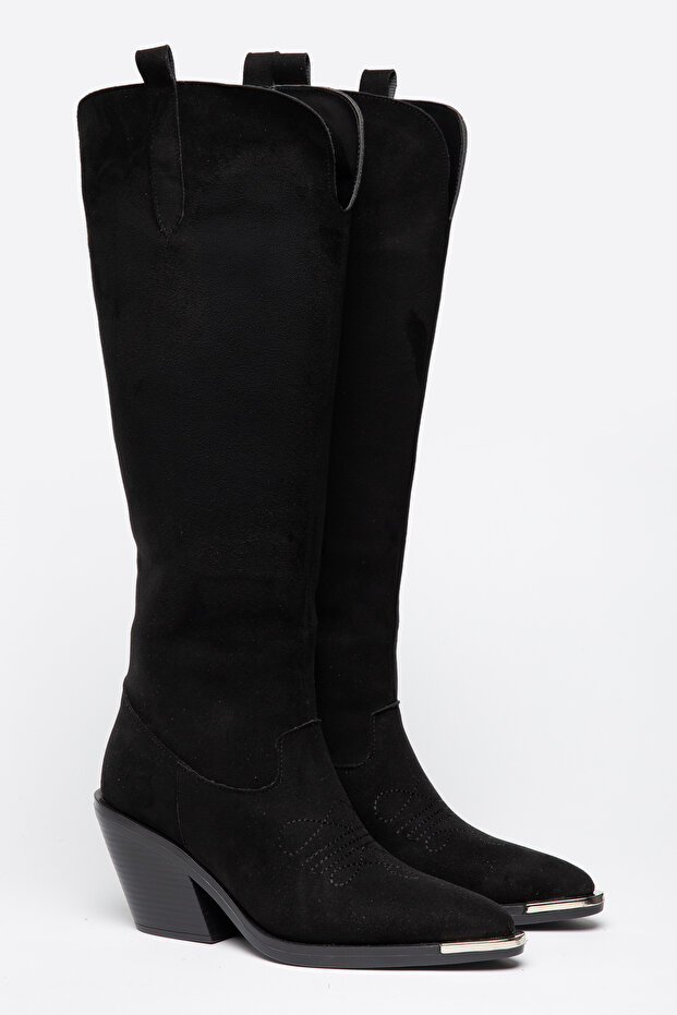 Black Matte Suede Metal Toe Flat Above-Knee Western Cowboy Boots
