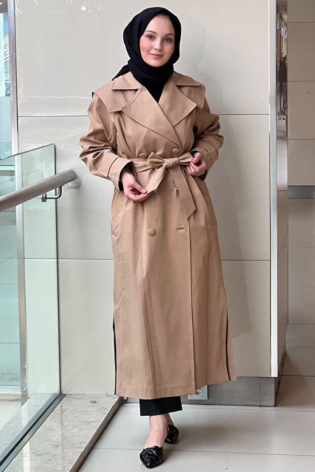 Double-Breasted Full Length Trench Coat with Collar and Belt Slit