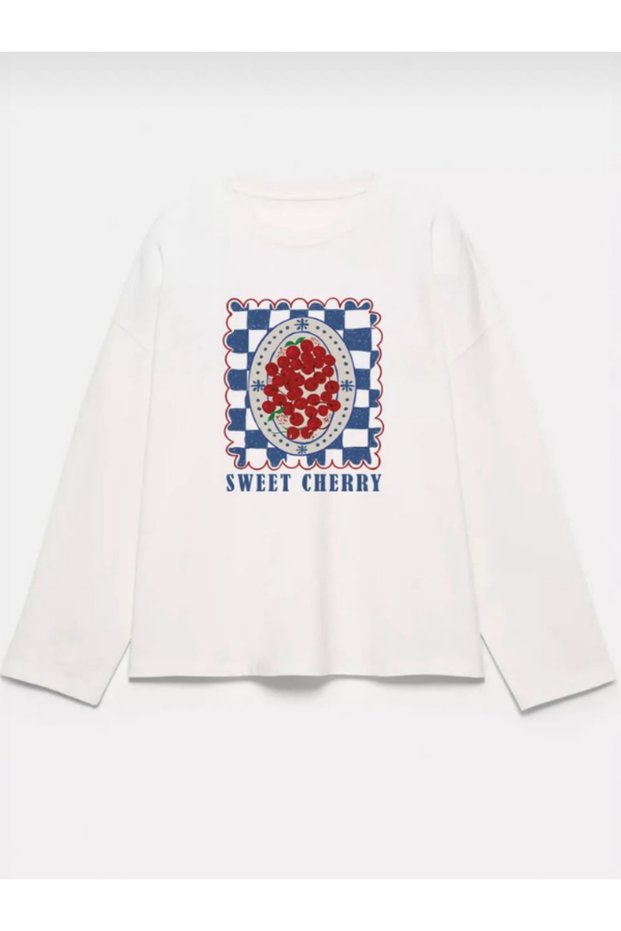 100% Cotton Oversize Fit Sweet Cherry Printed - Crew Neck Long Sleeve T-Shirt