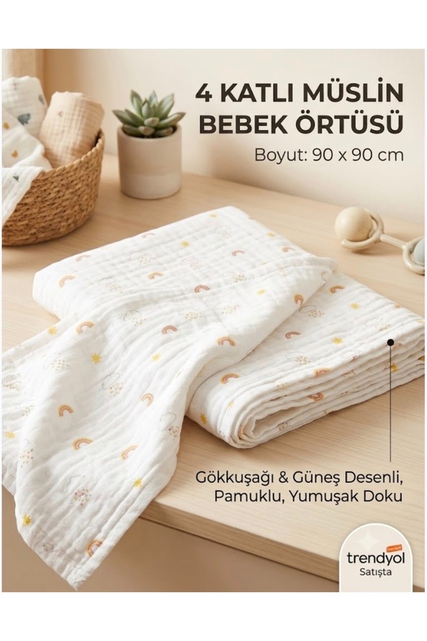 100% Cotton 4-Layer Mixed Patterned Colorful Muslin Baby Blanket - 90X90 cm Soft Muslin Blanket