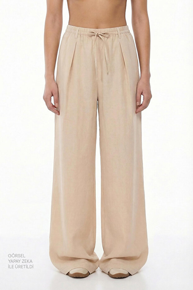 Beigefarbene Leinenhose mit hoher Taille - 2