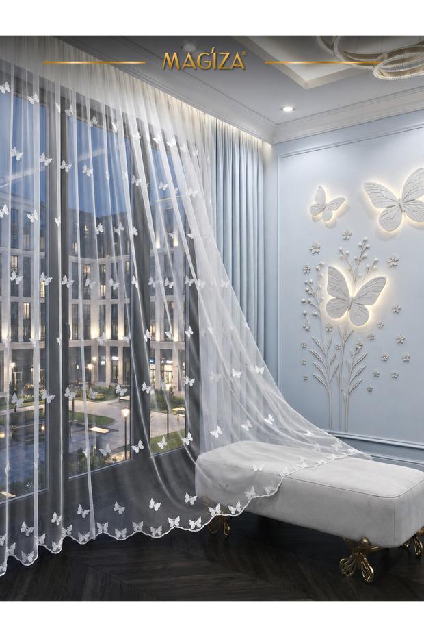 Tulle Curtain with Butterfly Pattern, No Ironing Required, 1E 2-Layer Sparse Pleats, Suitable for Living Room, Kitchen, Balcony and Children's Room
