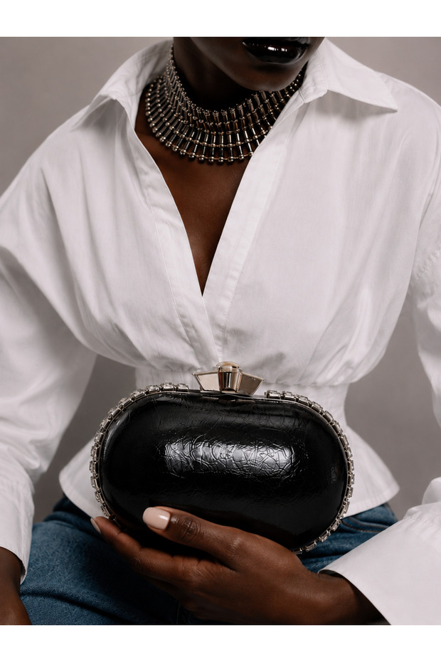 Women's Black Shiny Stone Detailed Chain Case Evening Dress Bag