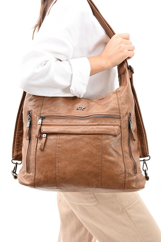 Faux Leather Soft Woven Shoulder Bag Tan (Model: 571-11-13B)