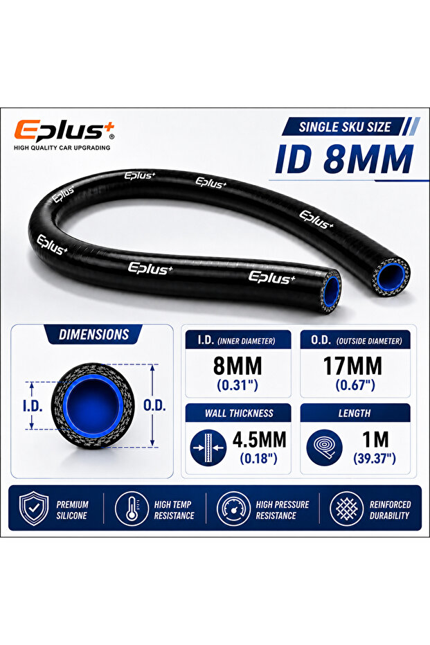 I D 8MM EPLUS 4 Layers Polyester Silicone Hoses Straight 1 Meter Car Engine Universal High Temperatu