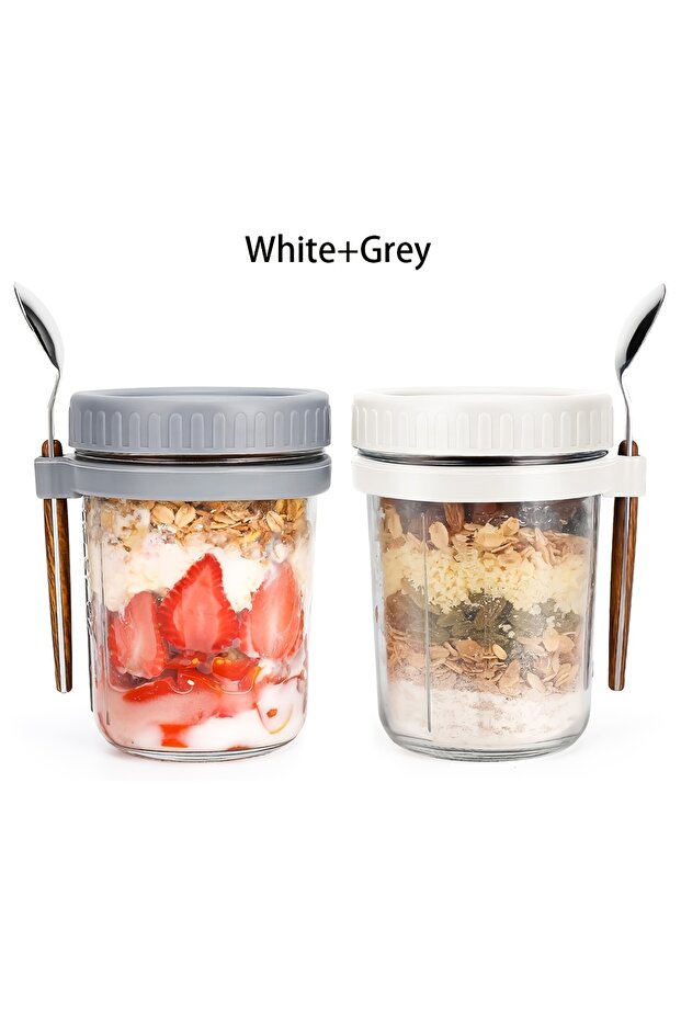 2pcs-White Gray 1pc/2pcs Glass Oatmeal Cup, Overnight Oats Container with Lid and Spoon, 16oz Cereal