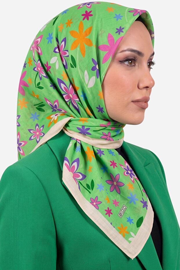 Women's Green Ecru Floral Patterned Organic Cotton Soft Scarf