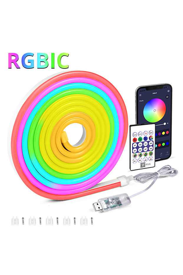 شريط إضاءة LED نيون RGBIC 5V USB 3M RGBIC مع تحكم تطبيق Bluetooth ومزامنة الموسيقى ومرن ومقاوم للماء