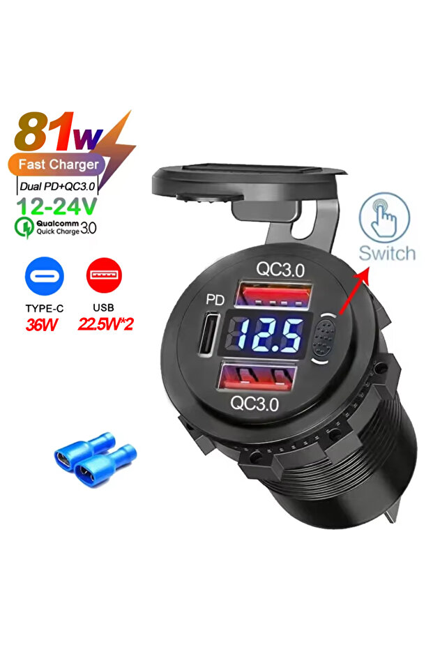 81W-3 Ports Switch NEW 117W Dual PD Dual QC 3.0 USB Car Charger with Voltmeter Socket Power Outlet A