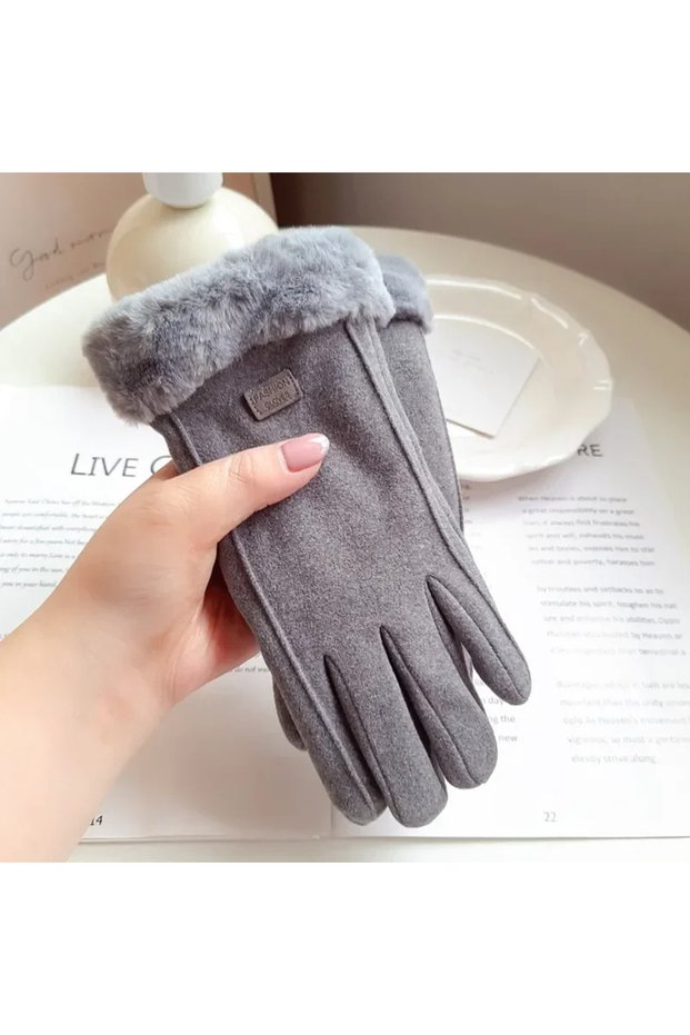 GRAY Women Winter Thick Plush Gloves Fashion Warm Suede Outdoor Guantes Lady Touchscreen Driving Glo