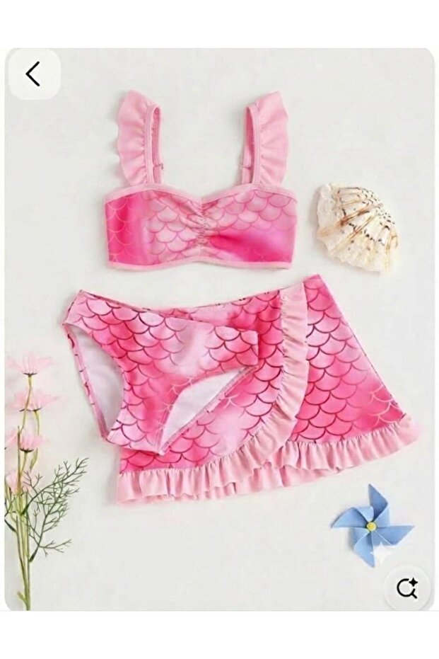 Girl's Pink Wavy Pattern Stylish Skirted Three-Piece Bikini Set Swimsuit