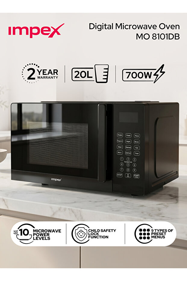 20L Digital Microwave Oven (MO 8101ADB) |700W Power|9 Preset Menus|Child Lock|Defrost |Timer