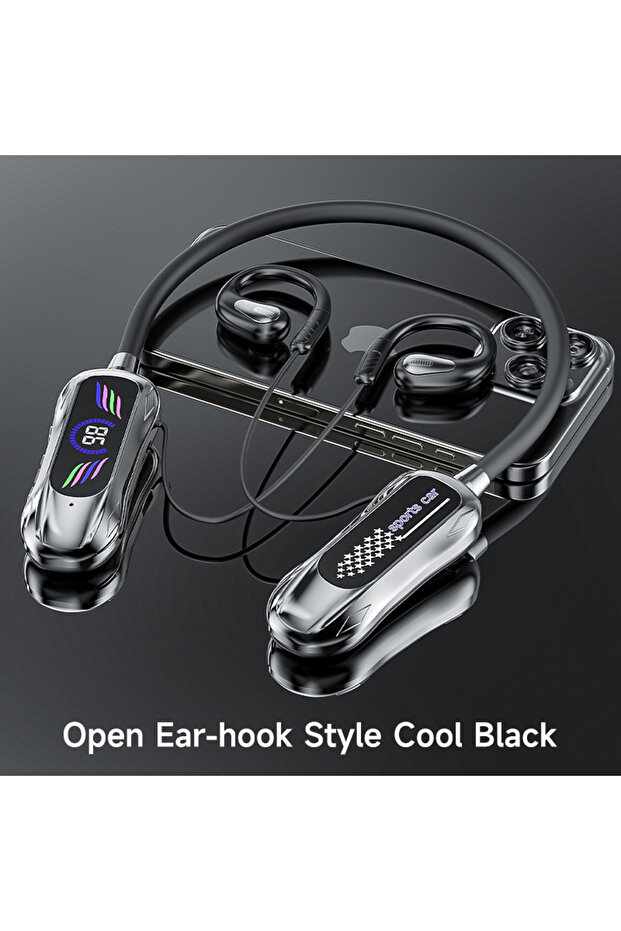 black NEW Sports Car Shape Surround Sound Neckband Open-ear LED Display Headsets Wireless Bluetooth