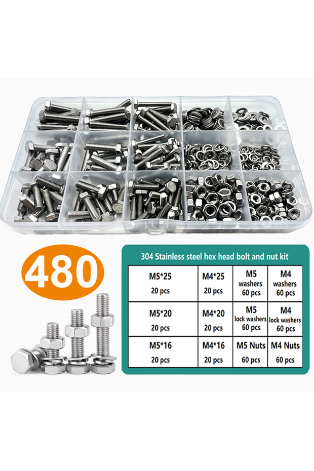 480pcs 176pcs Stainless Steel M6, M8, M10 Bolts and Nuts Set with Washers - Heavy Duty Industrial Fa