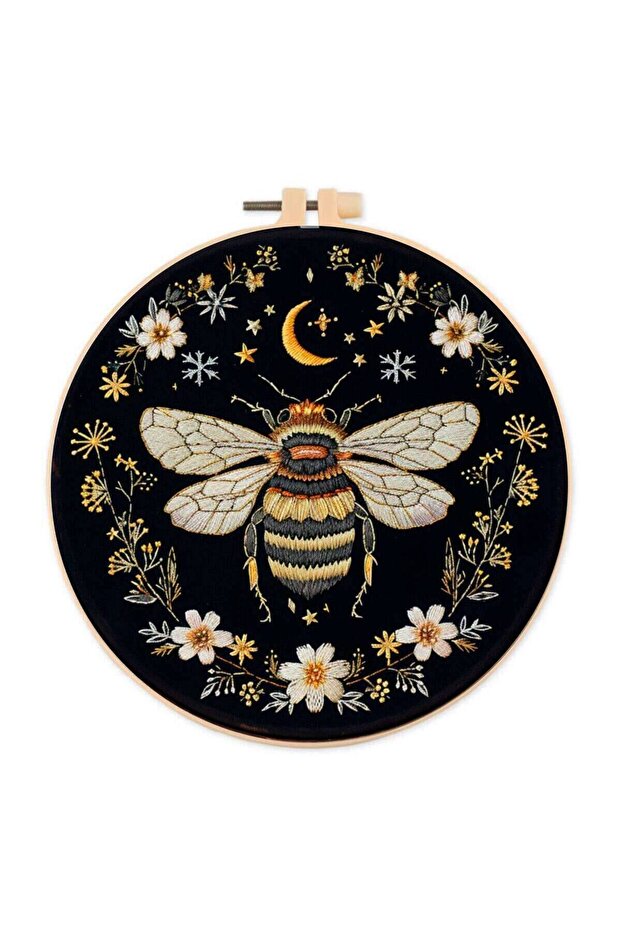 CXTZ-282 1Pc Bee Floral Moon Stars Embroidery Kit With Needles Hoop Threads, Handmade Gift Great For