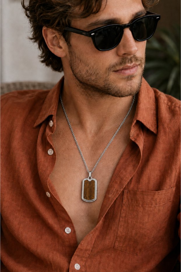 Men's Steel Necklace, Steel Necklace with Tiger's Eye Natural Stone, Gift Necklace for Lover, Spouse, Father