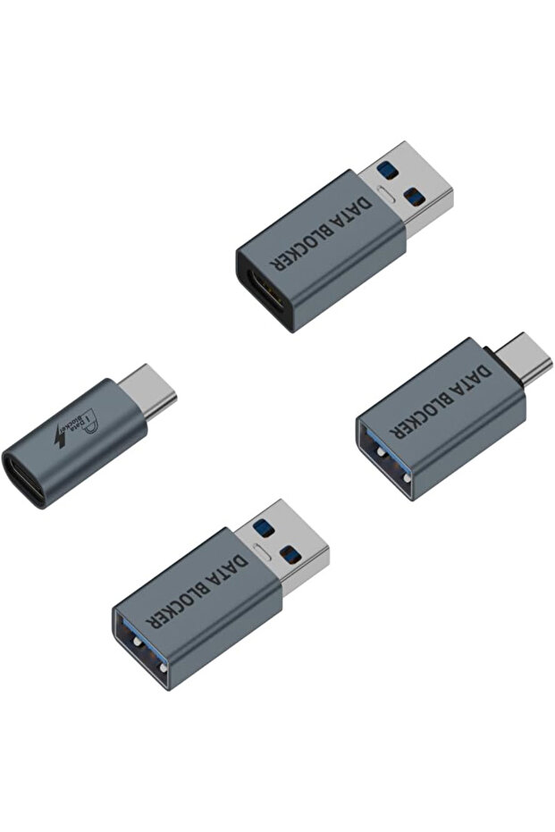Blue Gray 4-Pack Data Blocker Adapter Set,USB-C to C Female,USB-C to A Female,USB-A to C Female,USB-