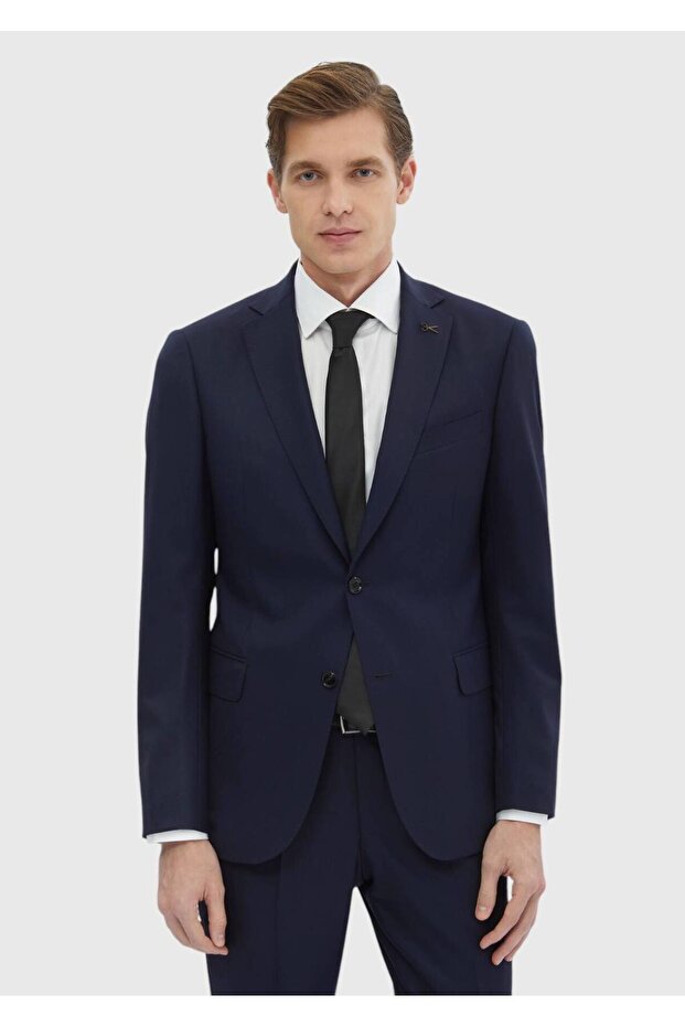 Navy Blue Plain Regular Fit Wool Blend Suit