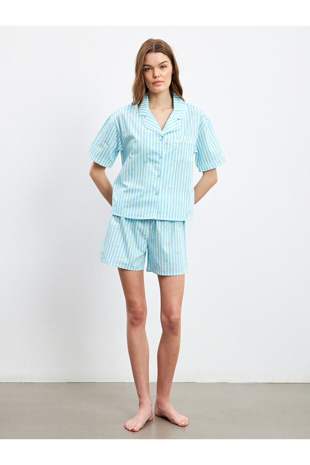 Two Mt Shop Quality Lcw Dream Blue Poplin Striped Short Sleeve Women's Shorts Pajama Set
