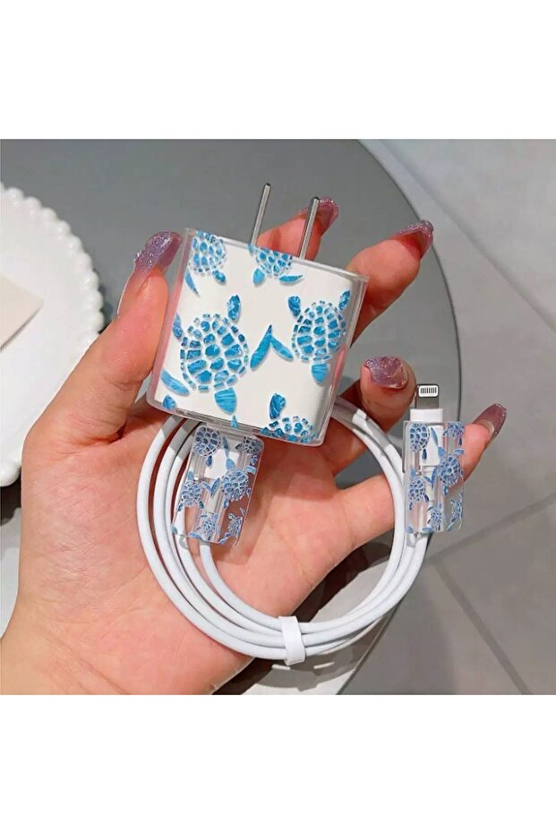 جراب شاحن USB شفاف أزرق على شكل حيوان لجهاز iPhone وiPad 18/20W جراب حماية بيانات USB كرتوني من مادة TPU