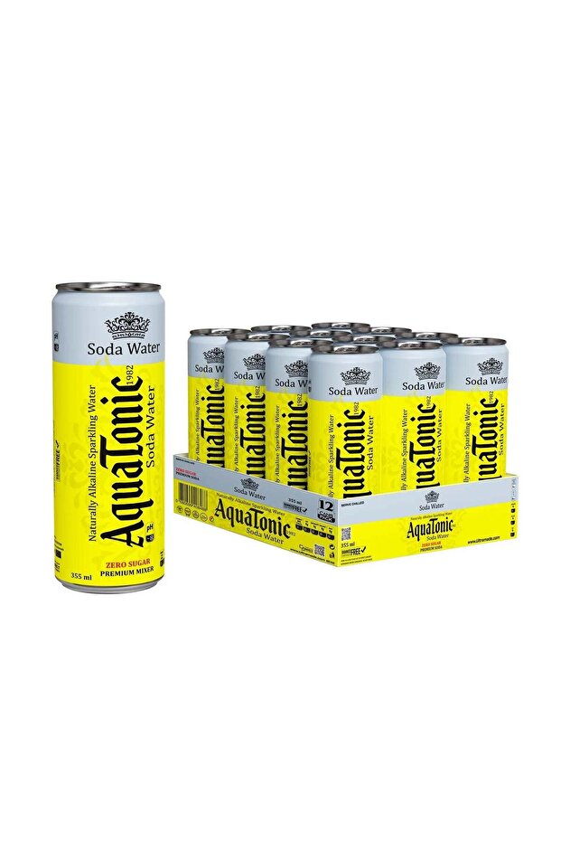 Aquatonic Naturally Alkaline Soda Water - Zero Sugar Premium Mixer, 355ml Slim Can - Pack of 12