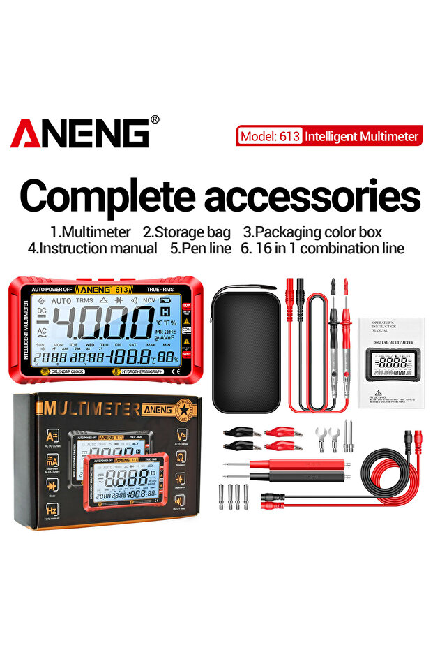 جهاز قياس رقمي متعدد الوظائف ANENG 613 أحمر اللون، 4000 عداد، لقياس الجهد والتيار المتردد والمستمر والمقاومة والسعة