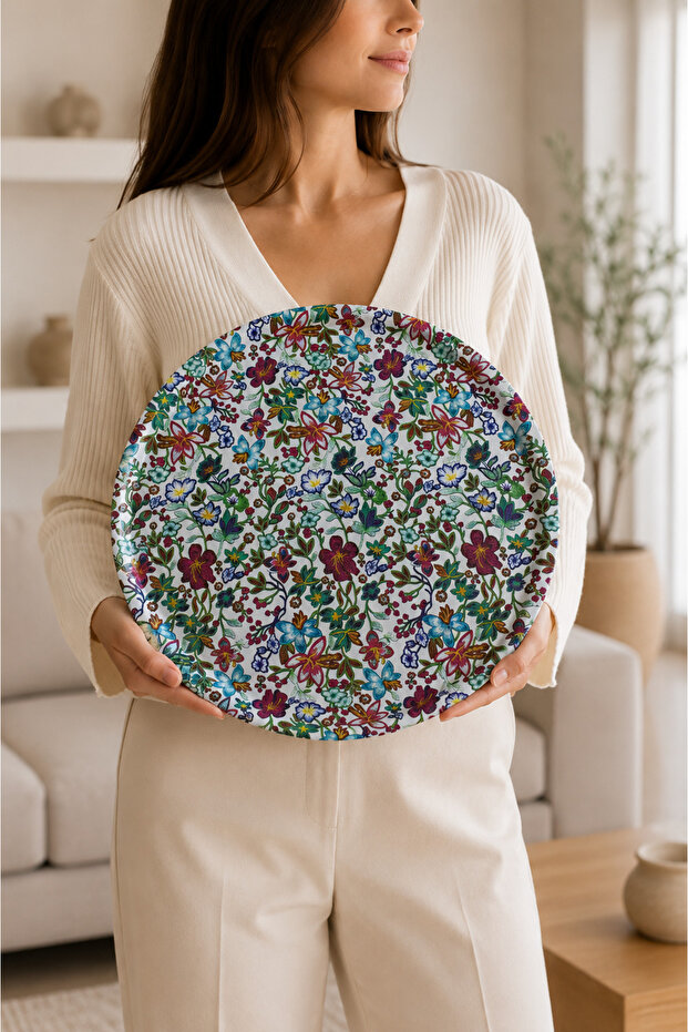 Round Decorative Tray with Leather Non-Slip Base | Stylish Coffee and Tea Presentation Tray | 31X31 cm
