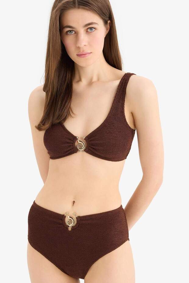 Regular Fit Wrinkled Textured Brown Bikini Top E0206Ax25Sm