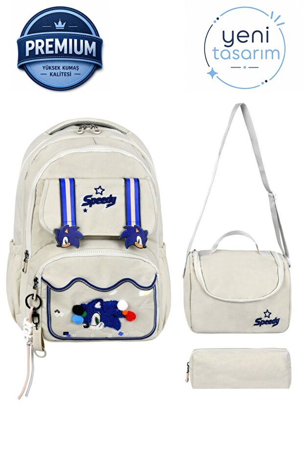 Cream Sonic Patterned Lockable Luxury Triple Boys' Primary School Waterproof School Bag Set (Bag Thermal Lunch Bag Pen Holder)