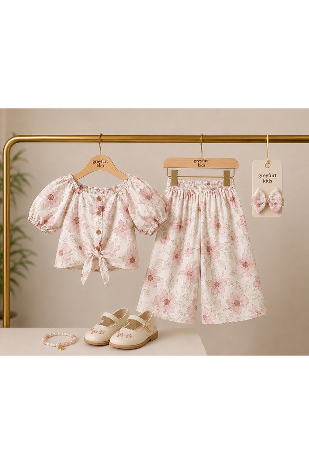 Girls' Flower-Embroidered Linen-Like Stylish Muslin Set