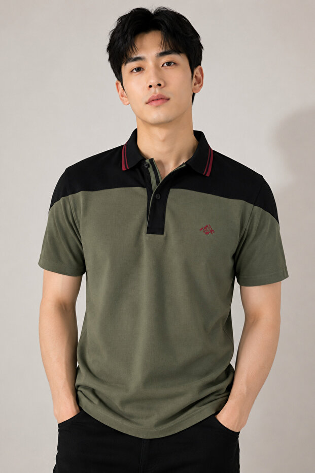 100% Cotton Men's Polo Collar T-shirt, Colorful Striped Short Sleeve Split Model, Mountain Logo Design