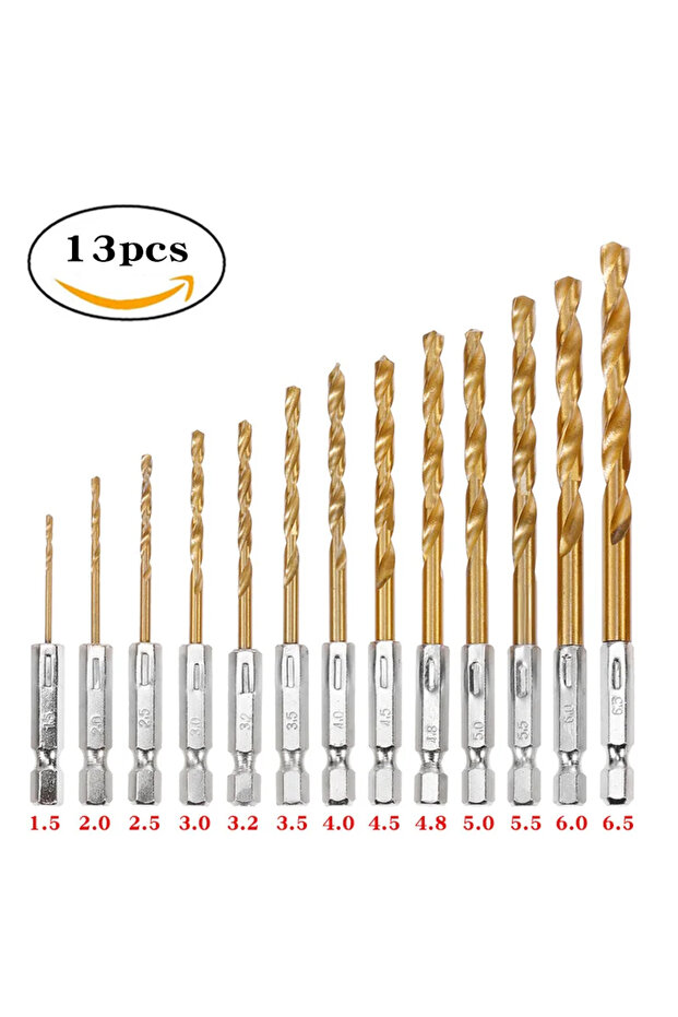 13pcs 13/16Pcs HSS High Speed Steel Titanium Coated Drill Bit Set 1/4 Hex Shank 1.5mm-6.5mm Hexagona