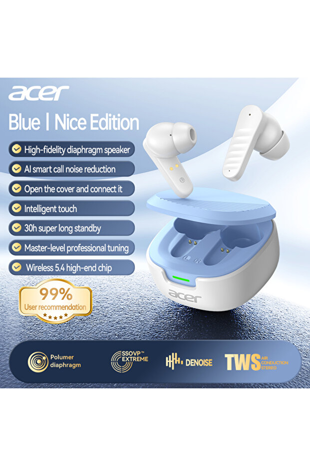 Blue Acer Ohr503 Wireless Bluetooth Headphones with In-Ear Design, High-Definition Sound Quality, No