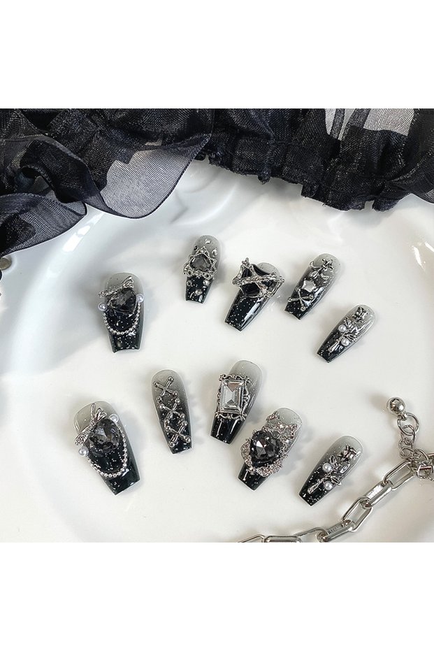 SJ0010-S 10 Pieces of Handmade Coffin Shaped Nails, Beautiful Fake Nails, Dark Gothic Nail Art, Cool