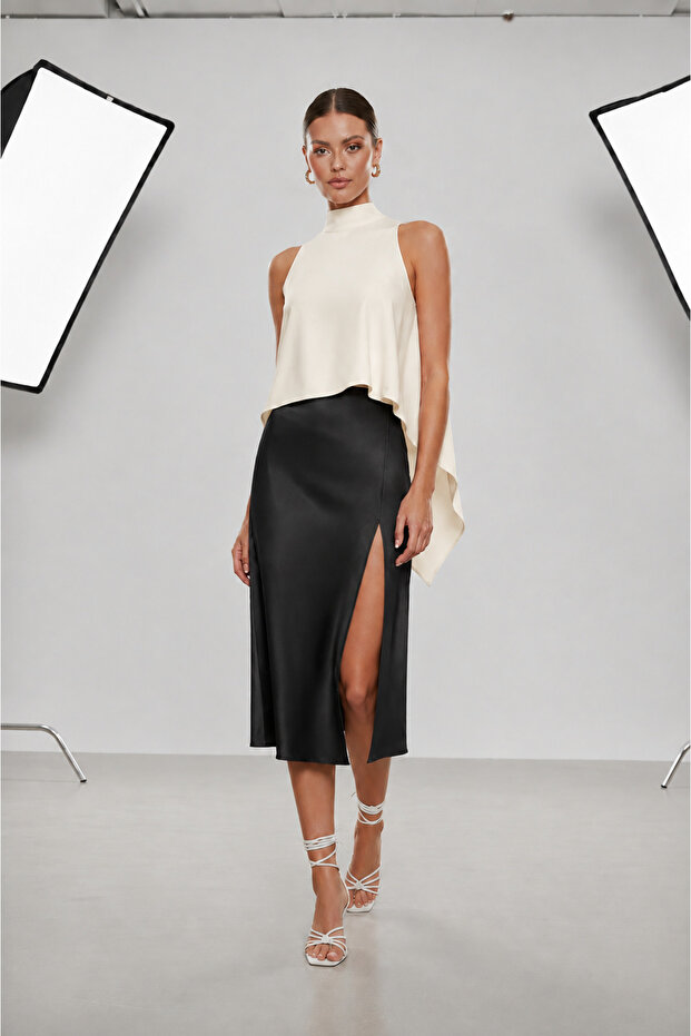 Women's Satin Short Front Long Back Asymmetric Bustier High Fashion Blouse