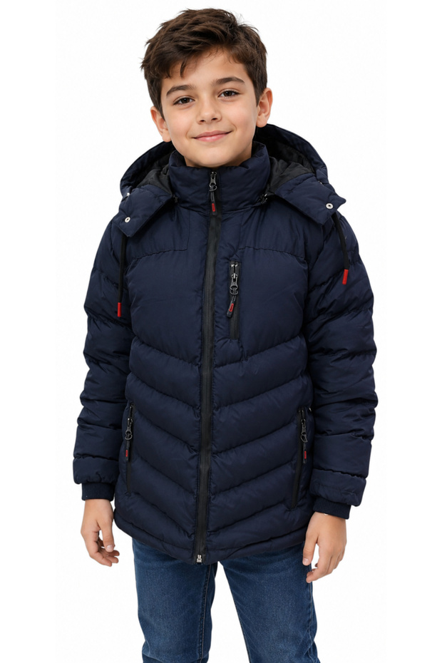 Boy's Navy Blue Color Coat with Removable Hood, Plush Lining and Zipper Pockets