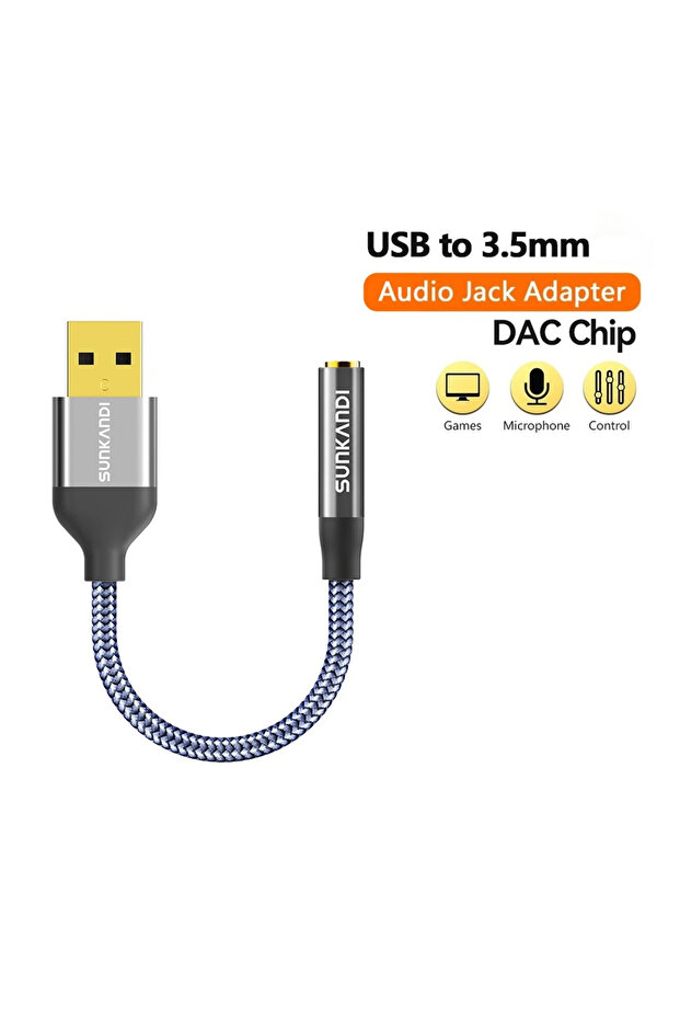 1.2m Grey SUNKANDI USB to 3.5mm Audio Jack Adapter, External Sound Card Converter for PC, Laptop, Ma