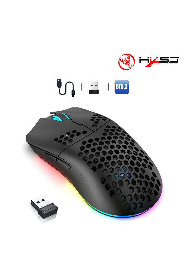 T66Black HXSJ T66 3-Mode 10000DPI Gaming Wireless Mouse RGB Luminous 650mAh Rechargeable 6 Buttons M